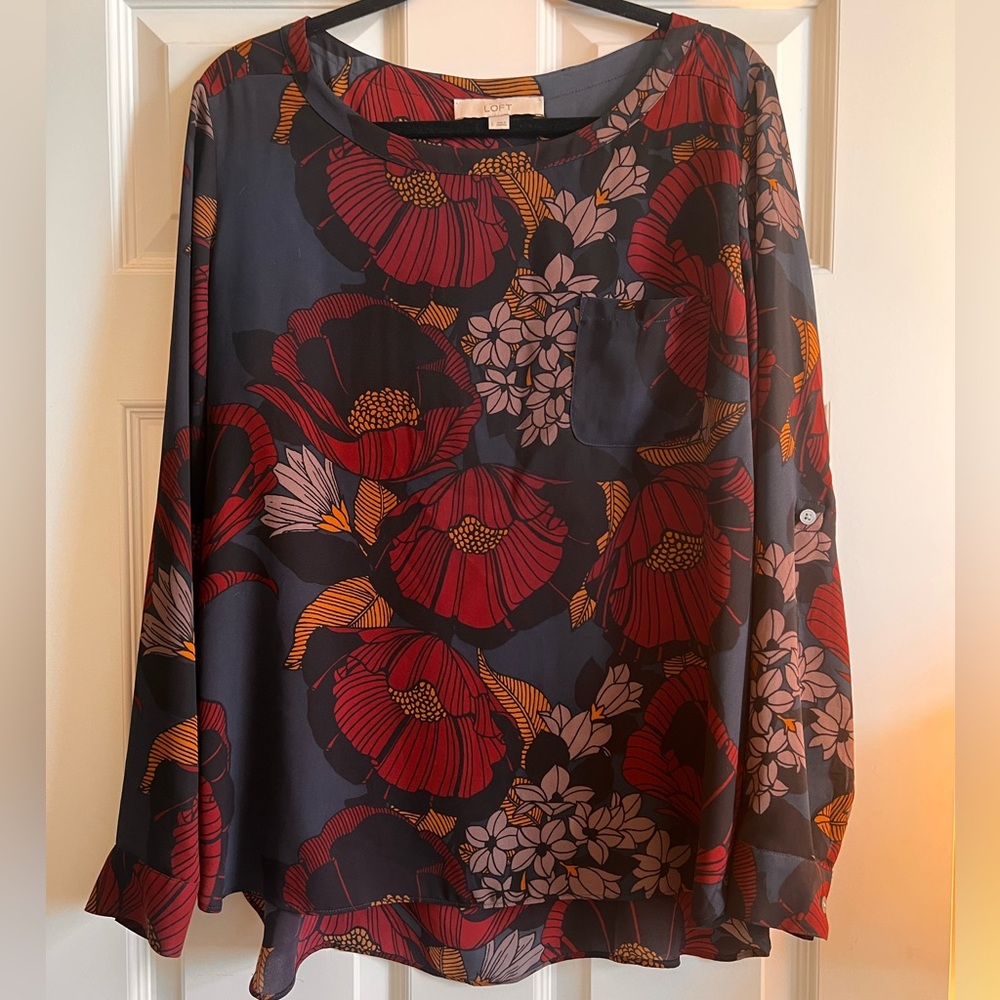 LOFT Navy Floral Long or 3/4 Sleeve Blouse